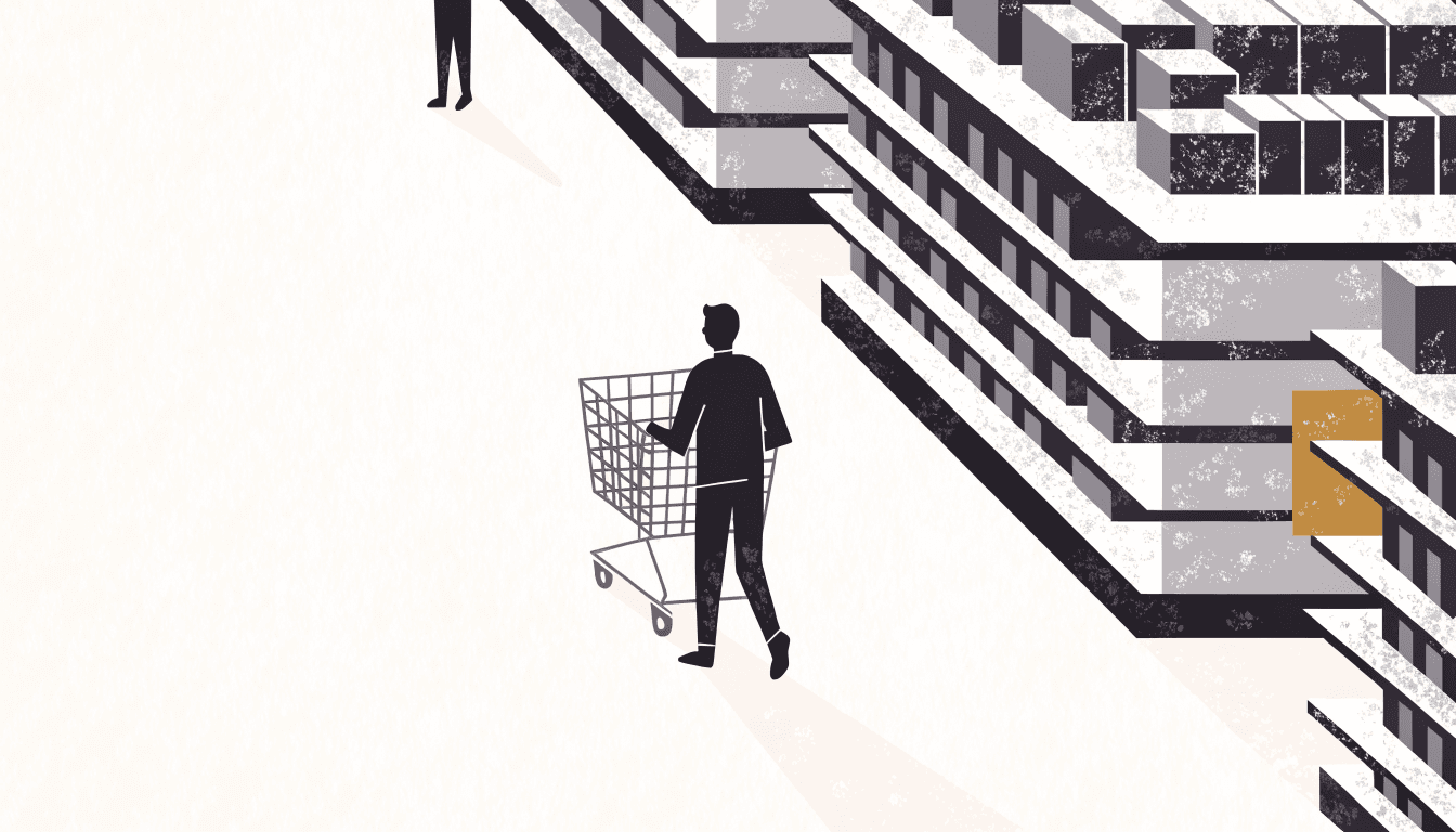 Illustration of tidy supermarket aisles with a shopper and a shopping cart