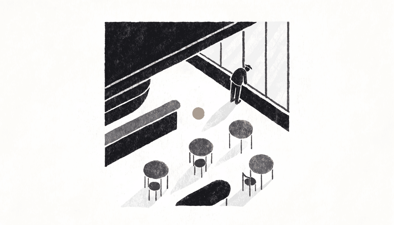 Editorial illustration of a small Harajuku café-style pop-up space, with round tables, a counter and a silhouette figure browsing near a window, in a warm travel-journal palette.