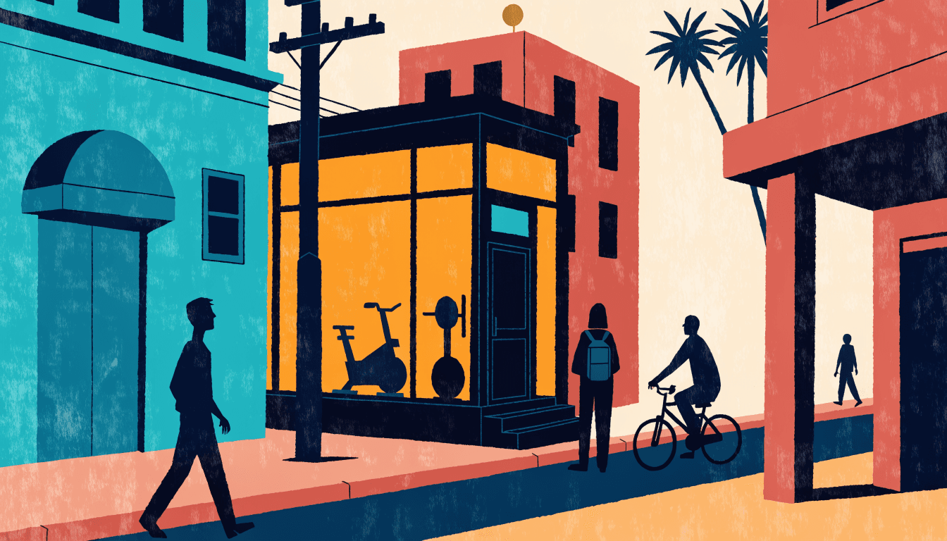 A flat-vector illustration of a small glass-fronted 24-hour fitness studio glowing at night on a tropical street corner, with silhouetted passers-by and palm trees nearby.
