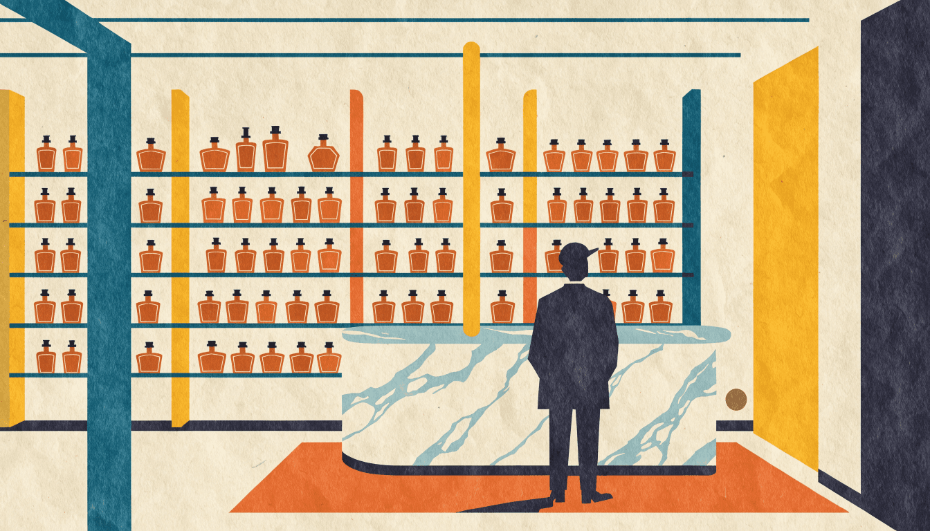 Editorial illustration of a men's beauty counter inside a department store, a wall of amber fragrance bottles catching soft light beside a small marble counseling counter, a single customer in silhouette being shown a bottle.
