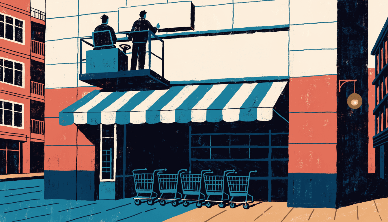 Illustration of a neighbourhood supermarket storefront at dusk, with two silhouetted workers on a lift installing a blank signage panel above the entrance, shopping trolleys lined up below.