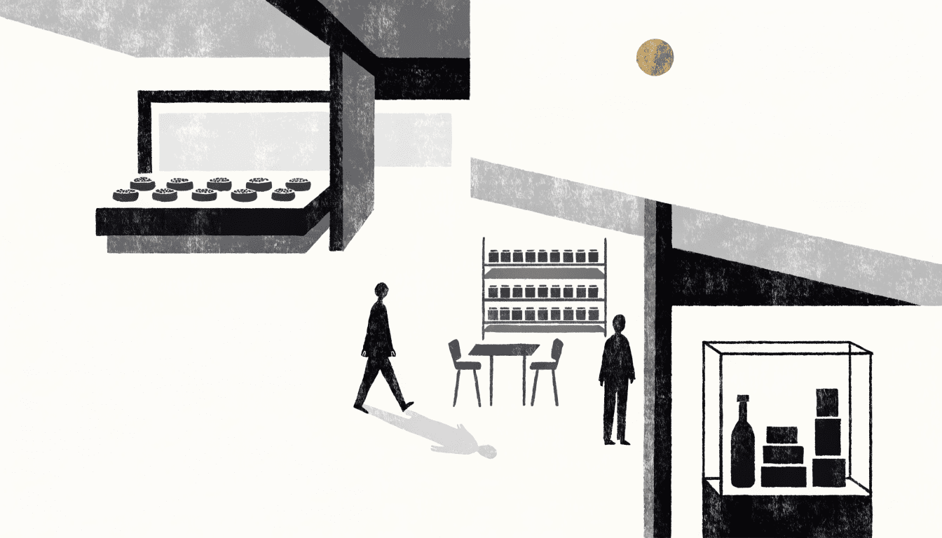Editorial illustration — a department-store gourmet floor seen from above, a caviar display counter, a small tea-tin shelf and table, and a lit boutique-beauty display case, with two silhouette figures browsing the floor.