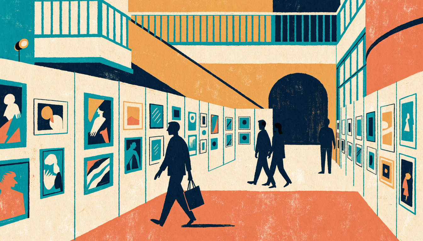 Warm editorial illustration of a department-store atrium turned into an art-fair gallery, framed works lining temporary walls and visitors browsing.