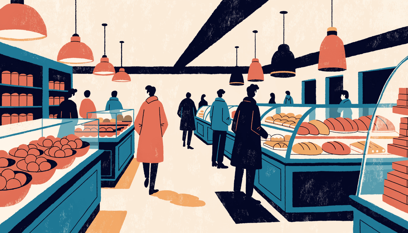 Illustration of a bustling department-store basement food hall, warm colours, silhouette shoppers browsing confectionery and bakery counters