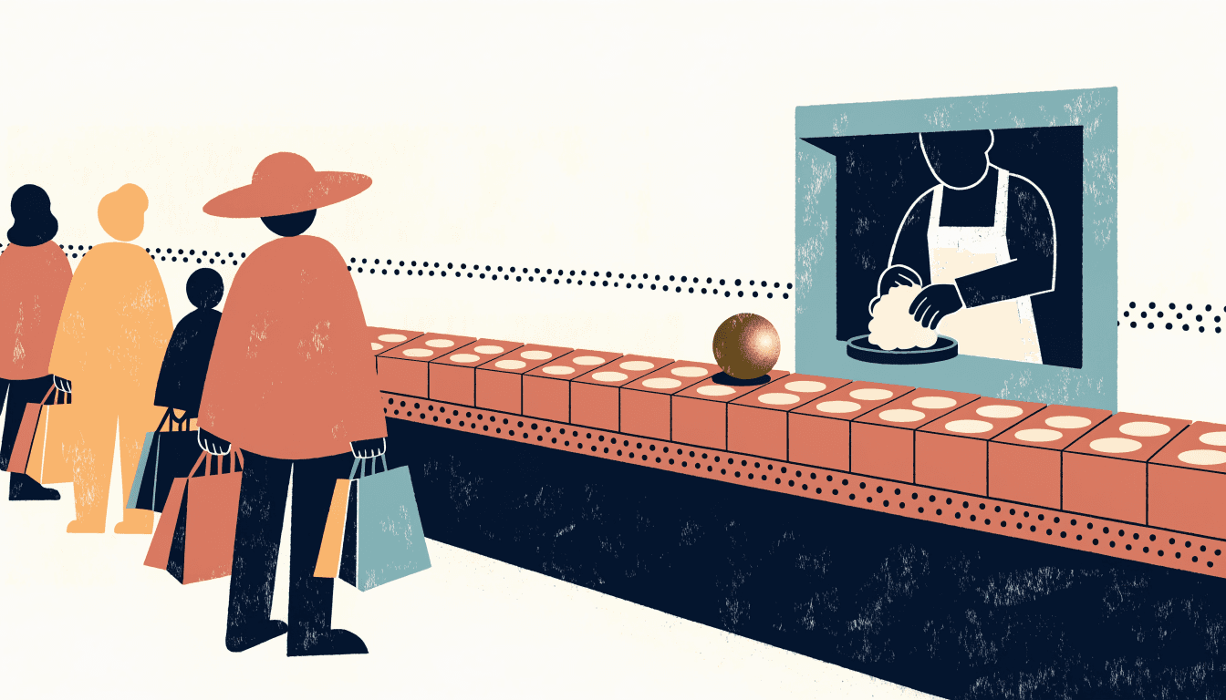 Editorial illustration of a department-store basement food-hall counter lined with neatly boxed sweets and cakes, a candy artisan shaping a piece of confection at a small open counter, shoppers browsing with gift bags in the aisle.