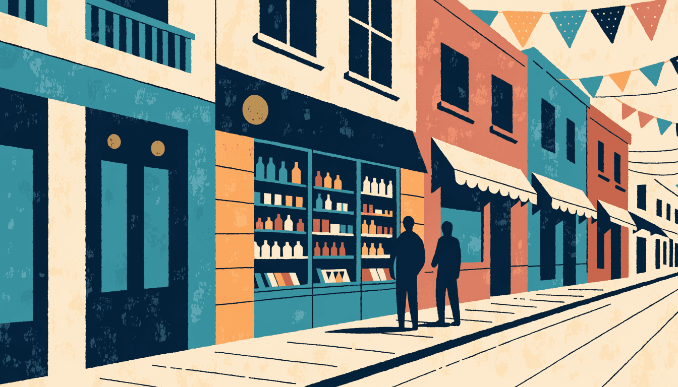 Editorial illustration of a colourful variety-goods shopfront on a lively Mexico City street