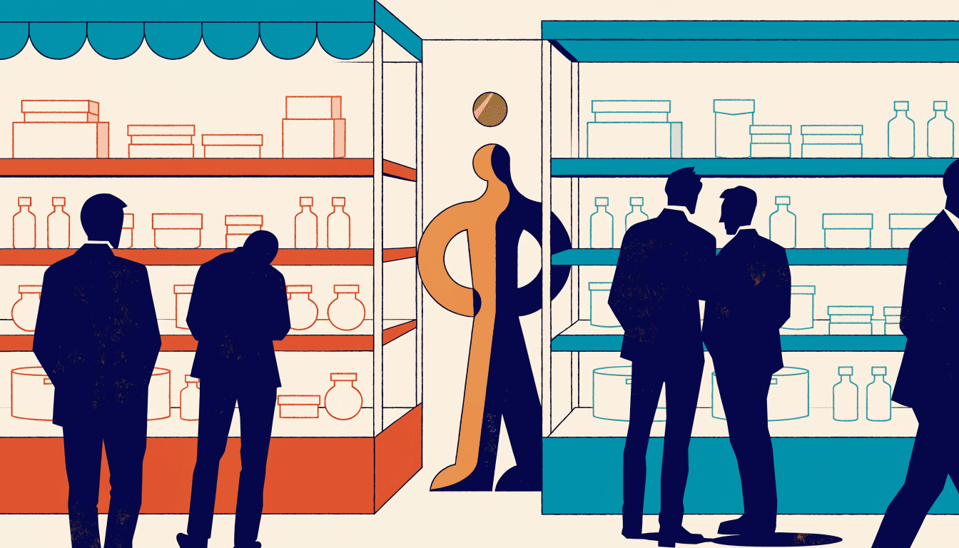 Editorial illustration of a trade-show exhibition booth recreating a small three-brand variety store, distinct shelving sections in warm and cool tones side by side, a tall mascot figure at the centre, silhouette visitors in business attire browsing under convention-hall lighting.