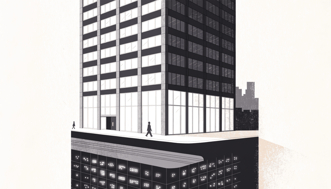 A stylised cutaway illustration of a tall Osaka tower, its ground and basement levels glowing with small shopfronts beneath rows of quieter office-floor windows.
