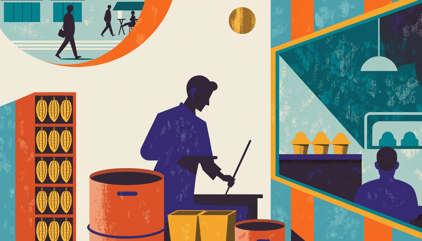 Illustration of a bean-to-bar chocolate workshop in warm light, copper roasting drums and shelves of cacao pods, a chef silhouette tempering chocolate on a marble slab, a cafe corner with gelato cups beyond a glass viewing window.