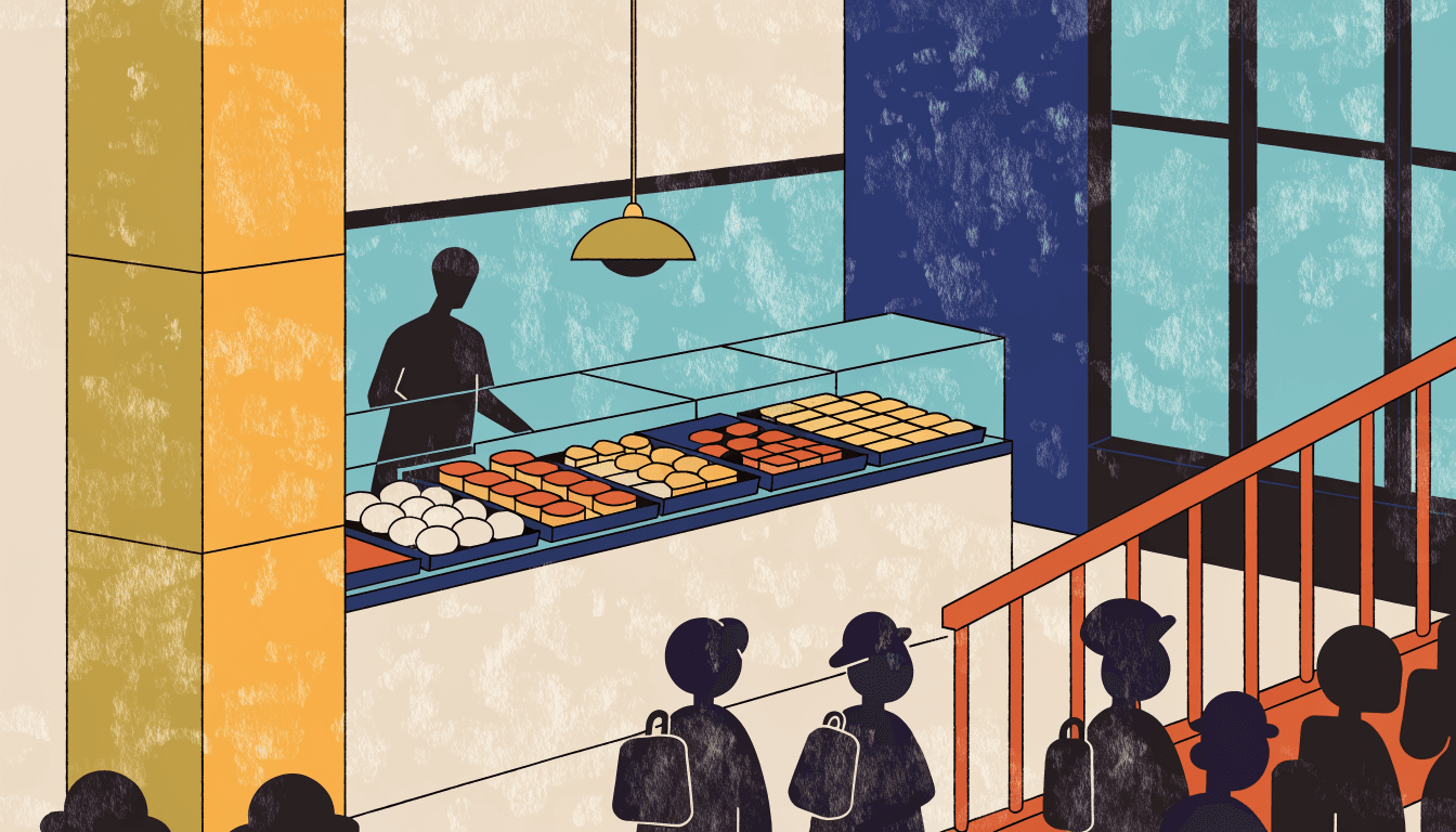 Illustration of a department-store basement food-hall counter in Osaka, trays of prepared dishes under glass and a staff figure in silhouette beneath warm pendant lights, in a warm editorial style.