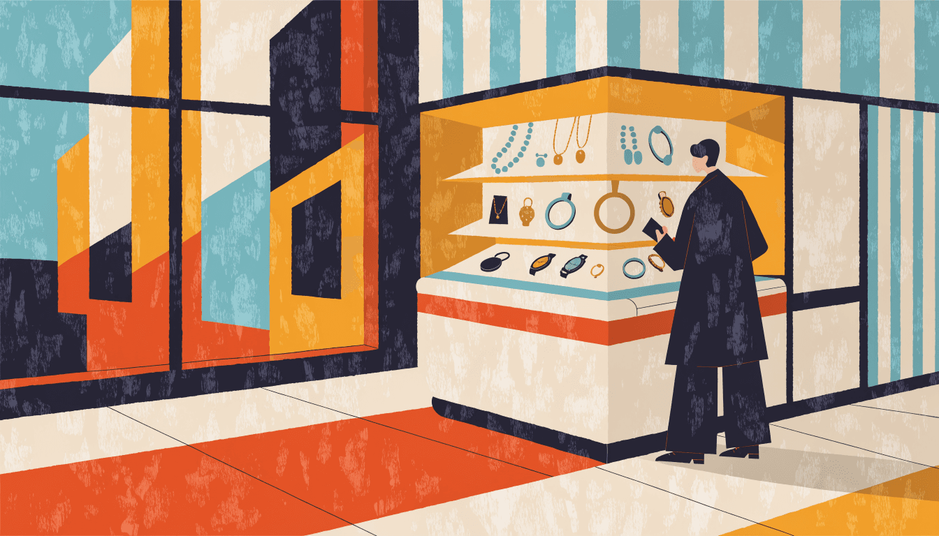 An illustrated jewellery and watch counter on a department-store floor, glowing under warm lighting