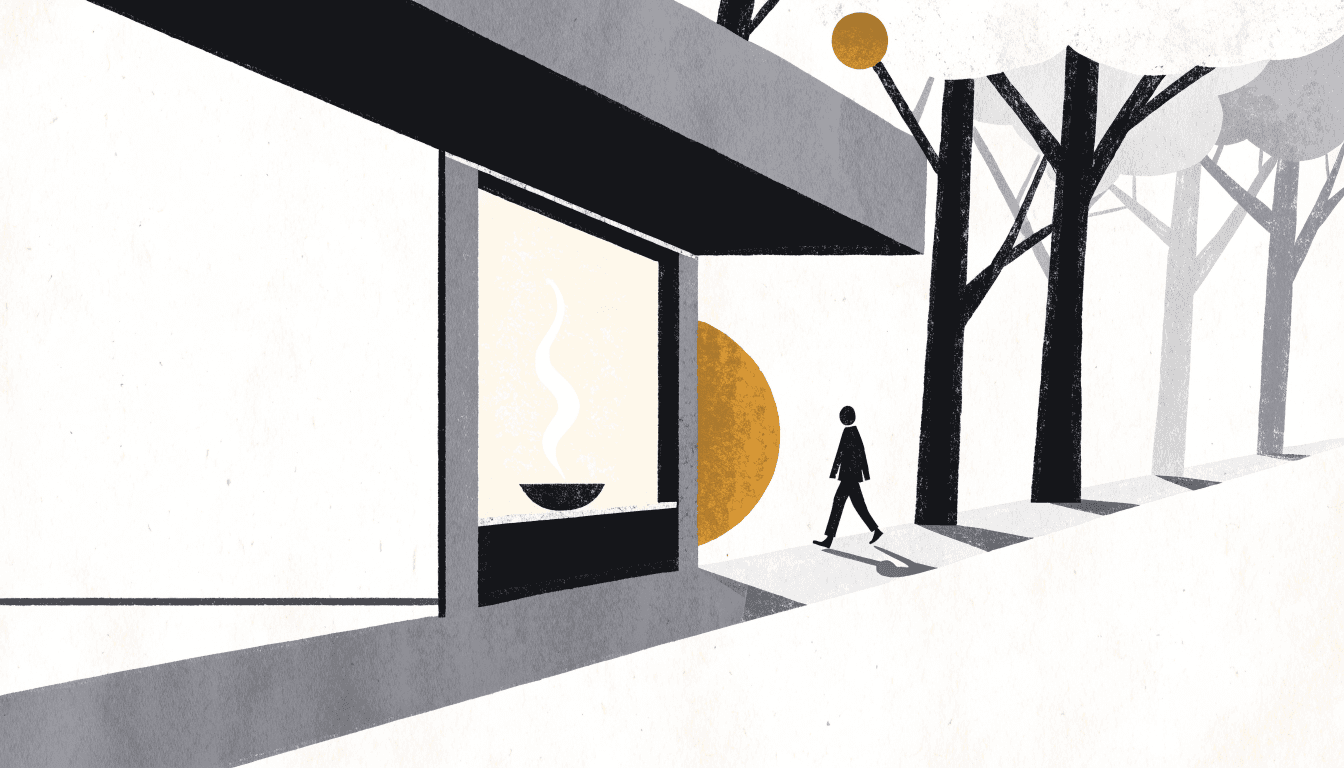 Illustration of a small, warmly lit curry restaurant on a quiet tree-lined street corner, steam rising from a bowl in the window, a silhouetted passerby.