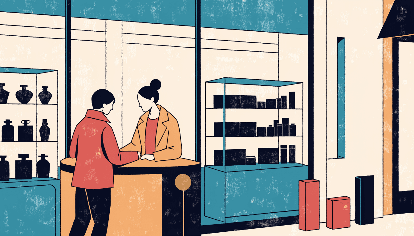 A warm illustration of a department-store beauty counter, with a silhouette customer attended to by a beauty consultant beside glass cases of perfume bottles.