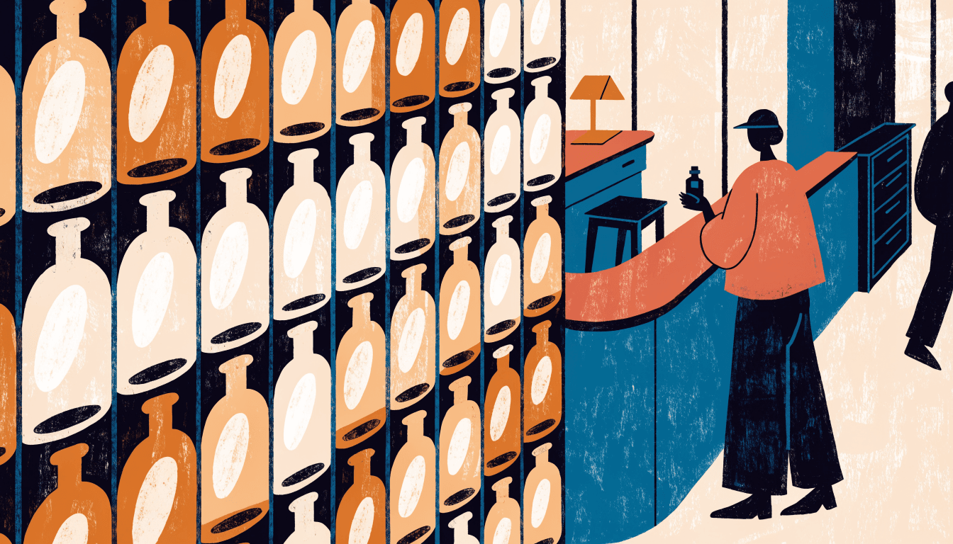 Editorial illustration of a department-store fragrance counter: a wall of uniform glass bottles catching warm light beside a small engraving workstation, one customer shown from behind choosing a scent.