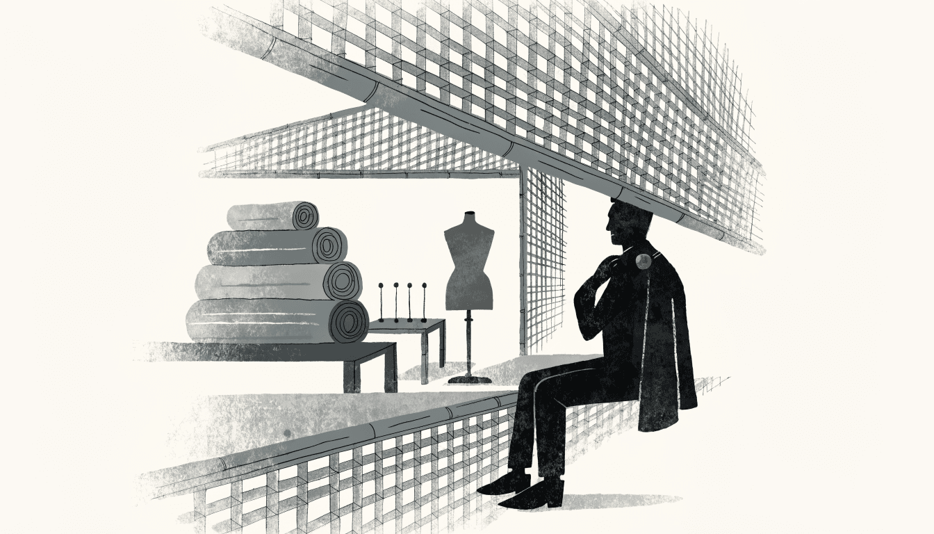 Illustration of a quiet tailoring atelier beneath a bamboo lattice pavilion, with fabric rolls, a mannequin and a seated figure being fitted for a jacket.