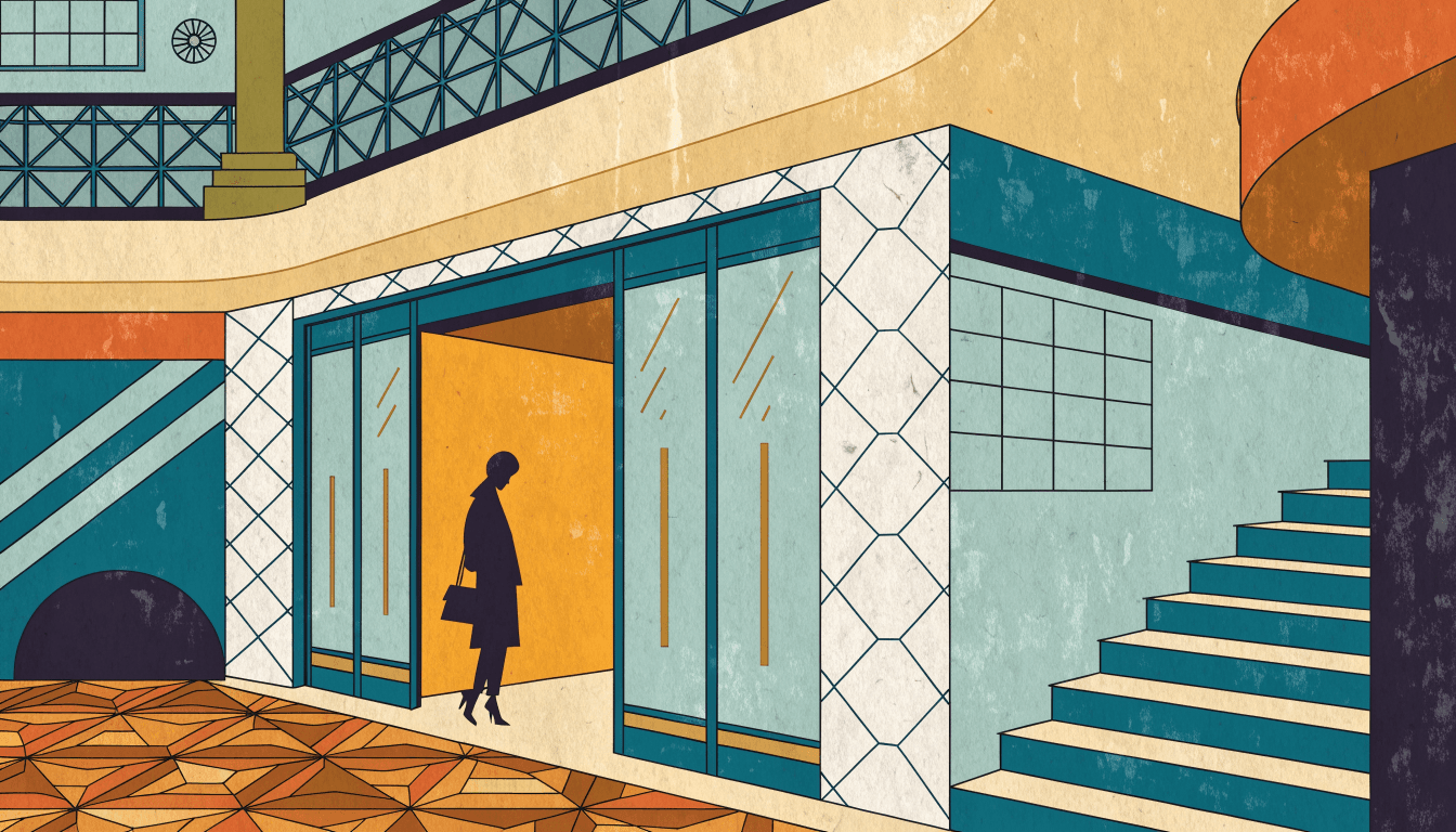 Illustration of a marble-fronted Dior boutique storefront inside a Japanese department store, with warm gold accents