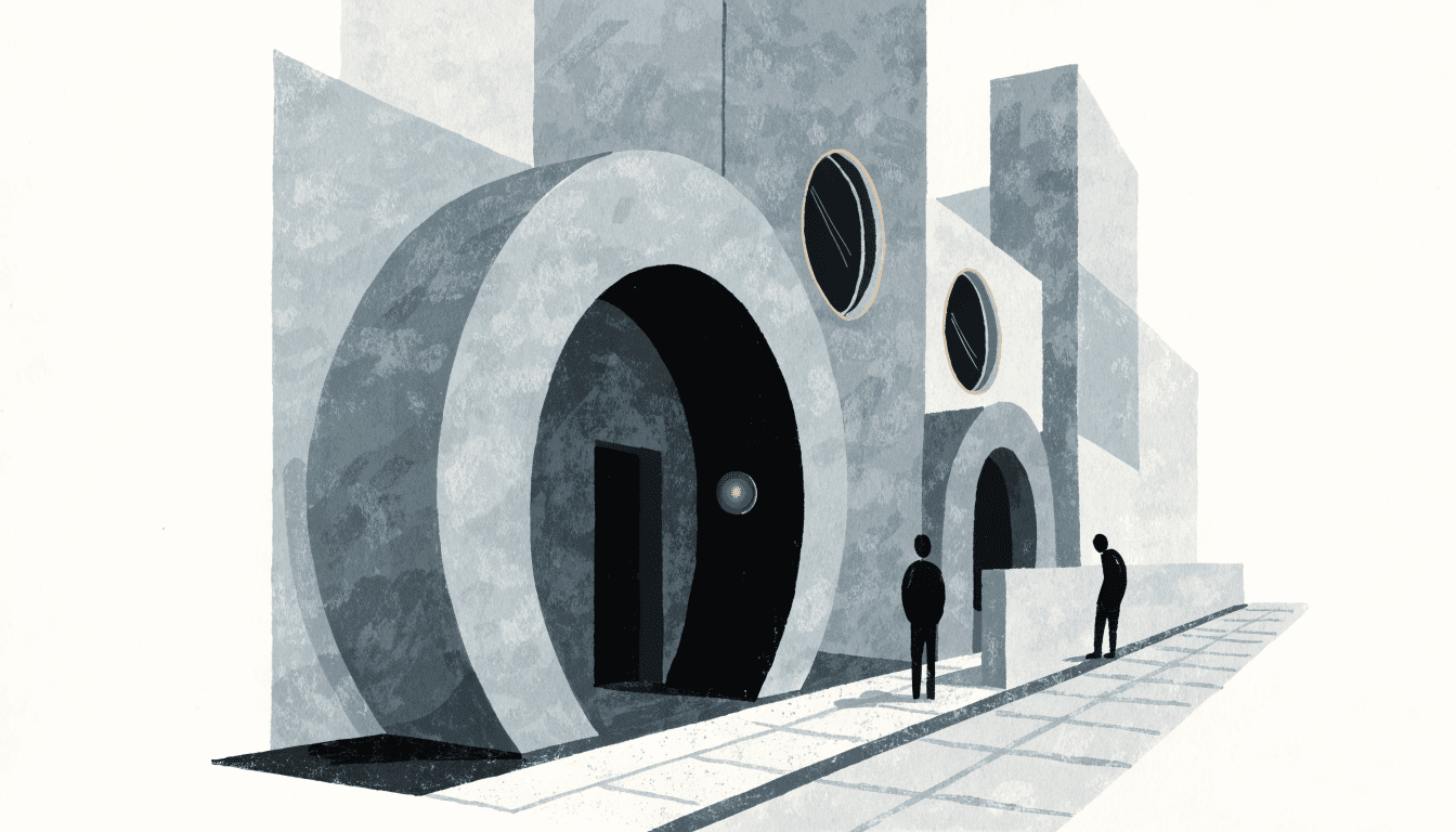 A renovated minimalist boutique storefront on a quiet Aoyama street, with round glass windows and grey plaster elliptical arches, editorial illustration style, no logos or text.