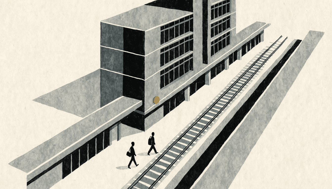 Editorial illustration of a new station-front complex seen from an elevated diagonal view, with commuters crossing the platform below