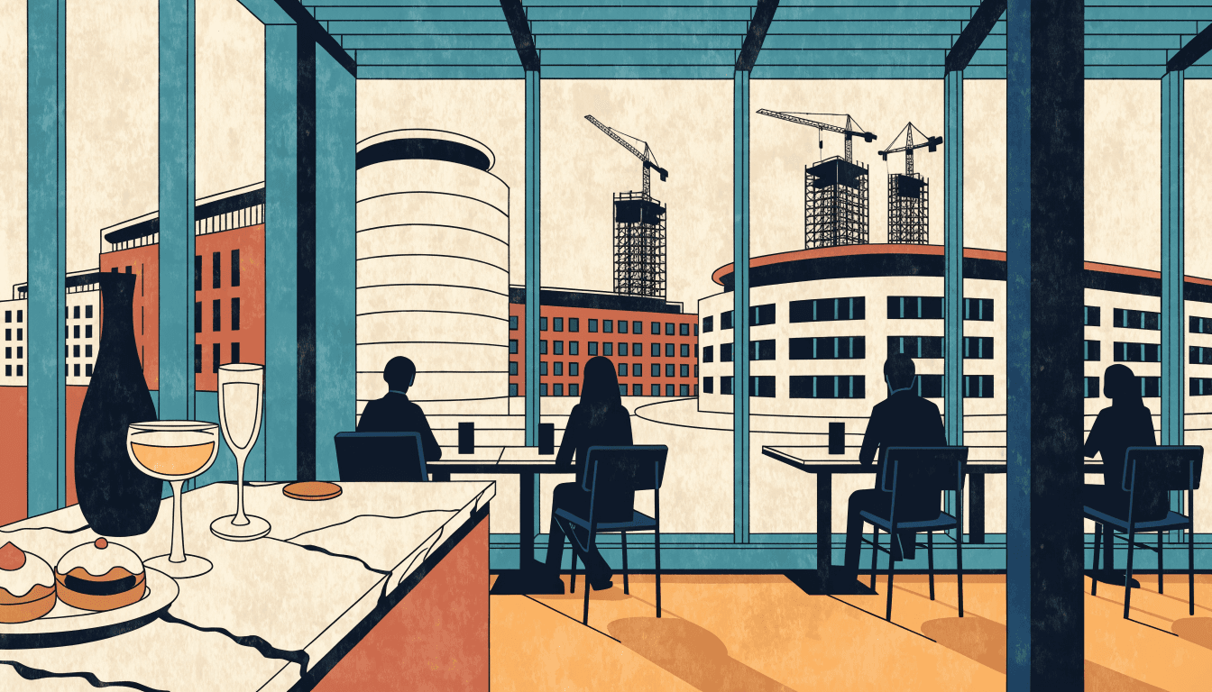 Editorial illustration of a small elegant café with a marble counter and pastries, silhouette patrons at window tables overlooking a still-developing station district with cranes in the distance.
