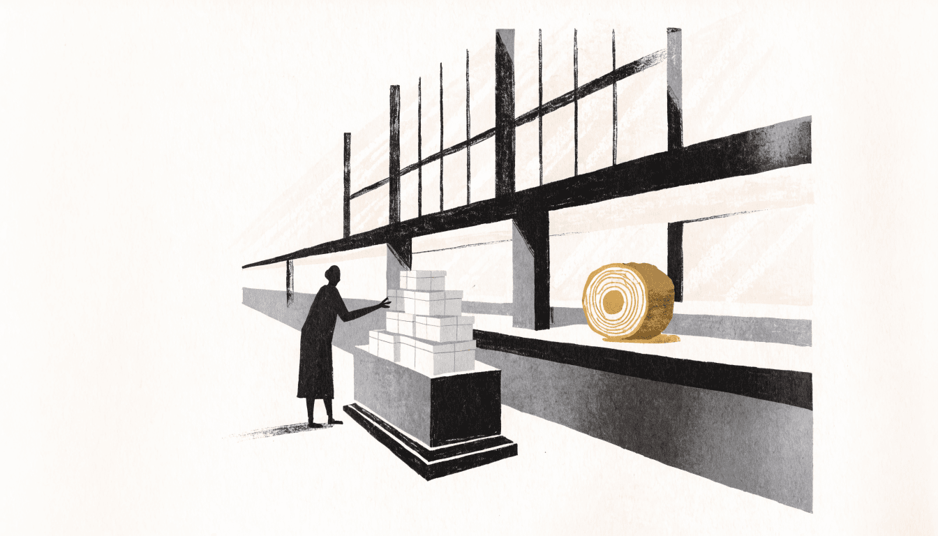 Calm near-monochrome editorial illustration of a silhouette shopper reaching for tiered gift boxes at a department-store counter, with a golden ring-patterned baumkuchen cross-section beside it.