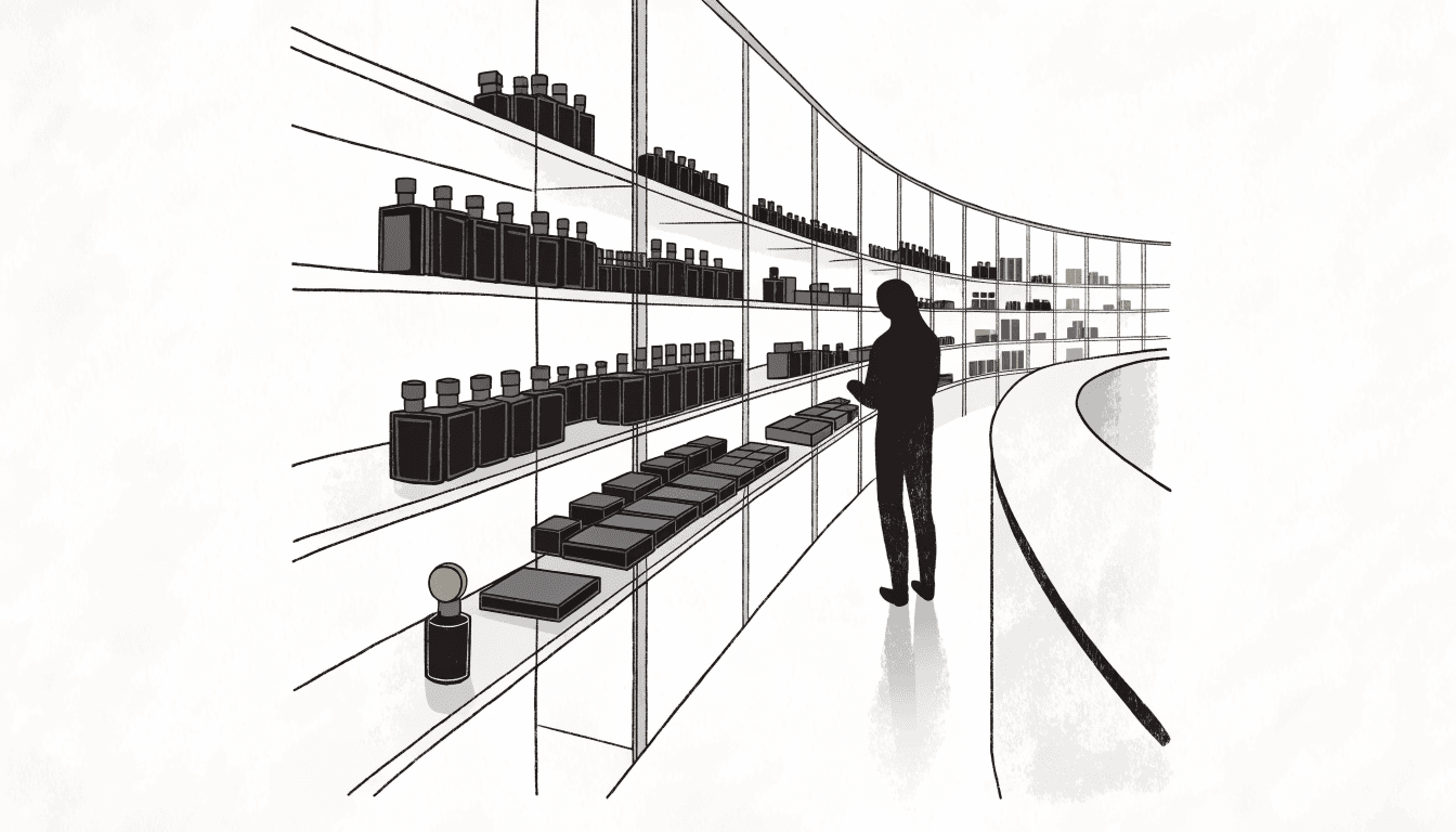 Illustration of a department-store beauty hall counter seen along a long curved aisle of glass shelving lined with perfume bottles and compacts, a silhouetted figure browsing.