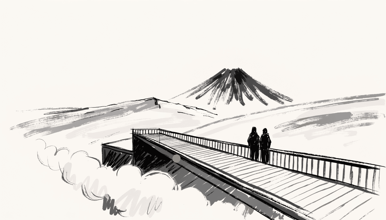 Illustration of a mountain ski-lodge terrace overlooking snow-covered slopes and a distant volcanic peak, two silhouette figures in ski wear taking in the view, steam rising from a nearby onsen bath