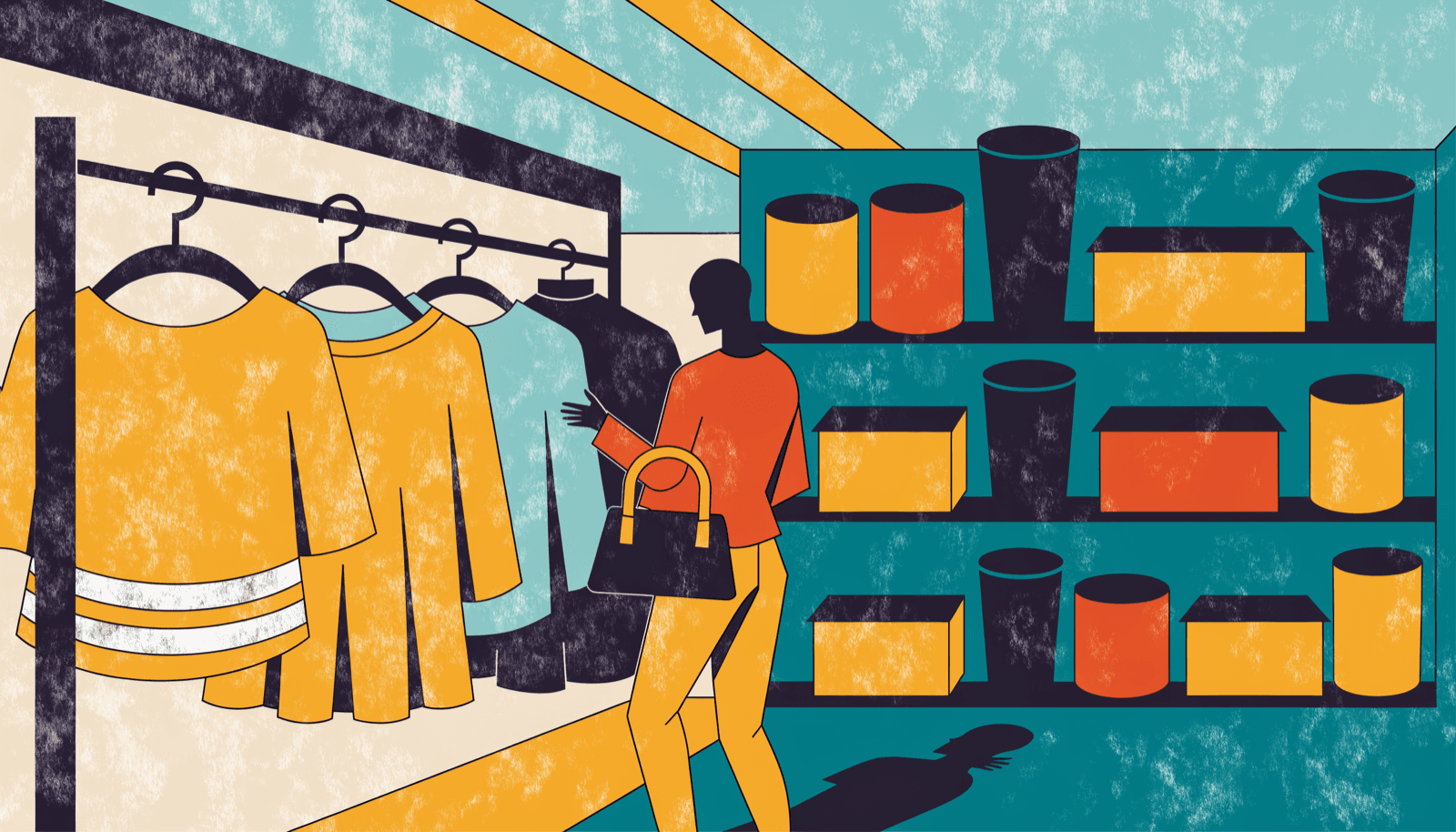 A stylised illustration of a convenience-store interior with a clothing rack at its centre, a shop-within-a-store.