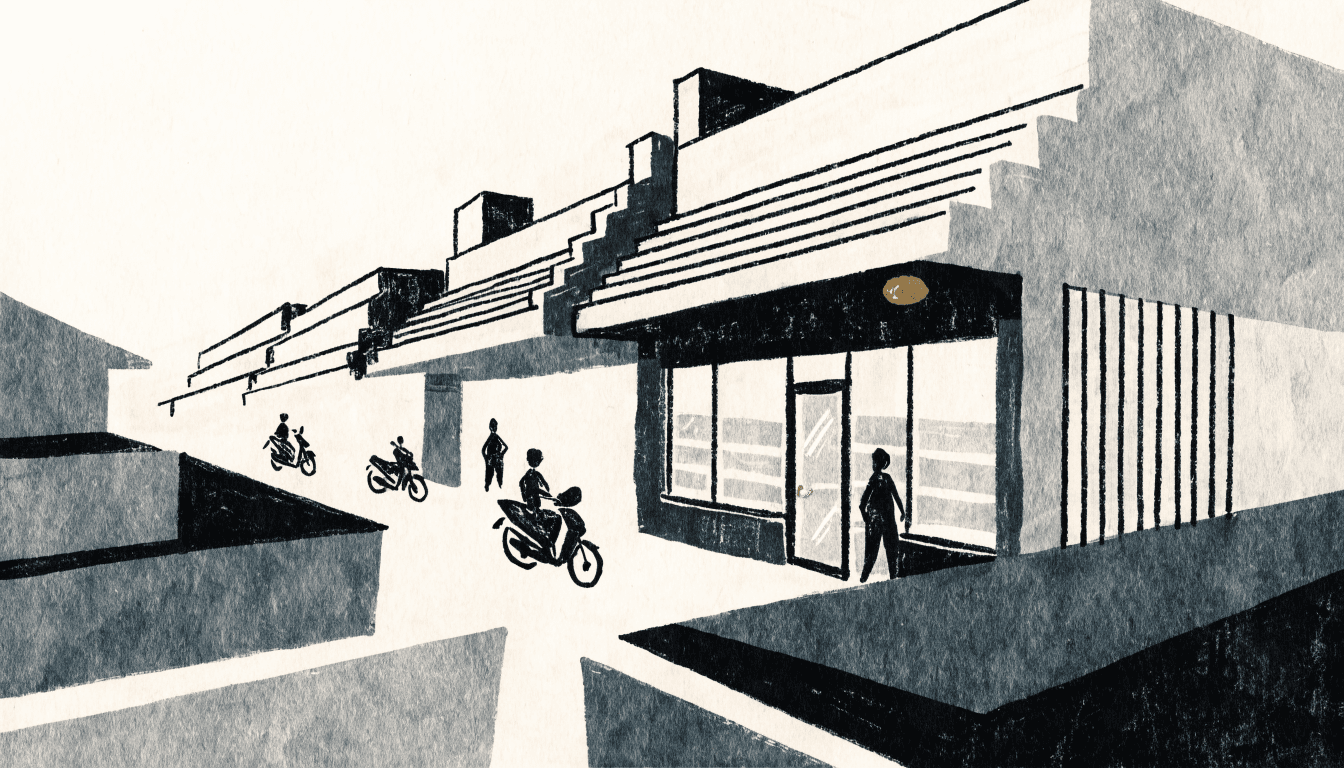 Calm near-monochrome illustration of a new convenience-store storefront opening on a bustling Southeast Asian city street at dusk, with motorbikes and passersby in silhouette