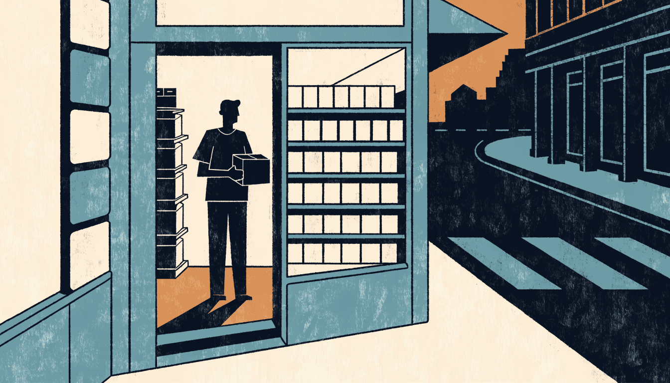 Illustration of a convenience store clerk in a plain T-shirt uniform restocking shelves at night, warm interior light spilling onto a quiet city street outside the glass storefront.