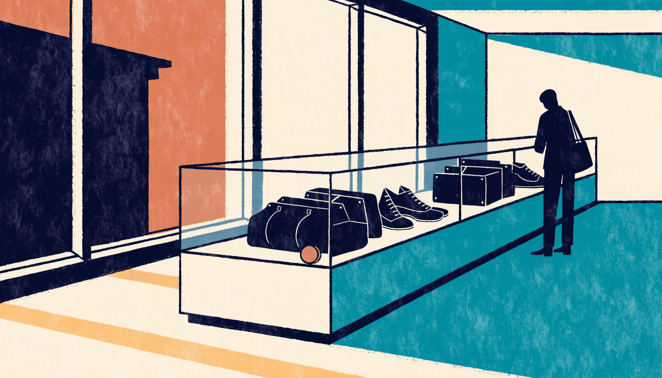 Editorial illustration of a boutique interior with a long diagonal glass display case of leather bags and shoes, a silhouette shopper browsing, warm cream, teal and terracotta tones.