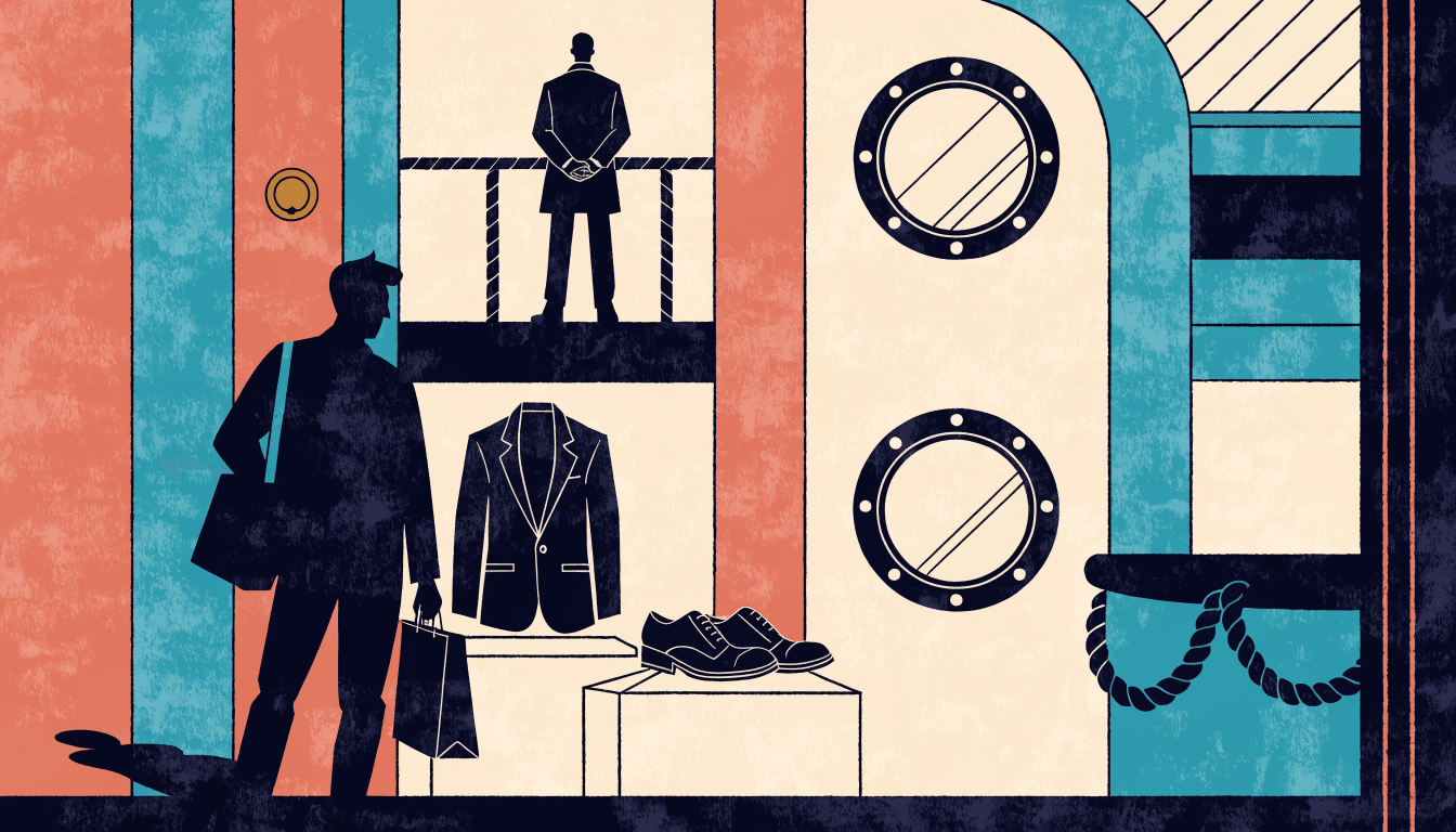 A warm editorial illustration of a nautical-themed menswear pop-up, with a tailored jacket, shoes and porthole windows evoking a ship's cabin.