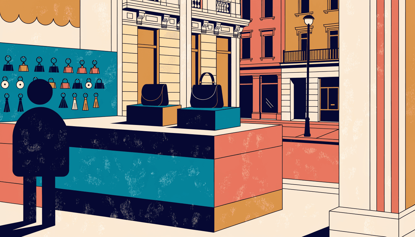 A warm editorial illustration of a boutique bag pop-up counter on a department-store floor, small structured bags and colourful charms on display, a shopper browsing in silhouette.