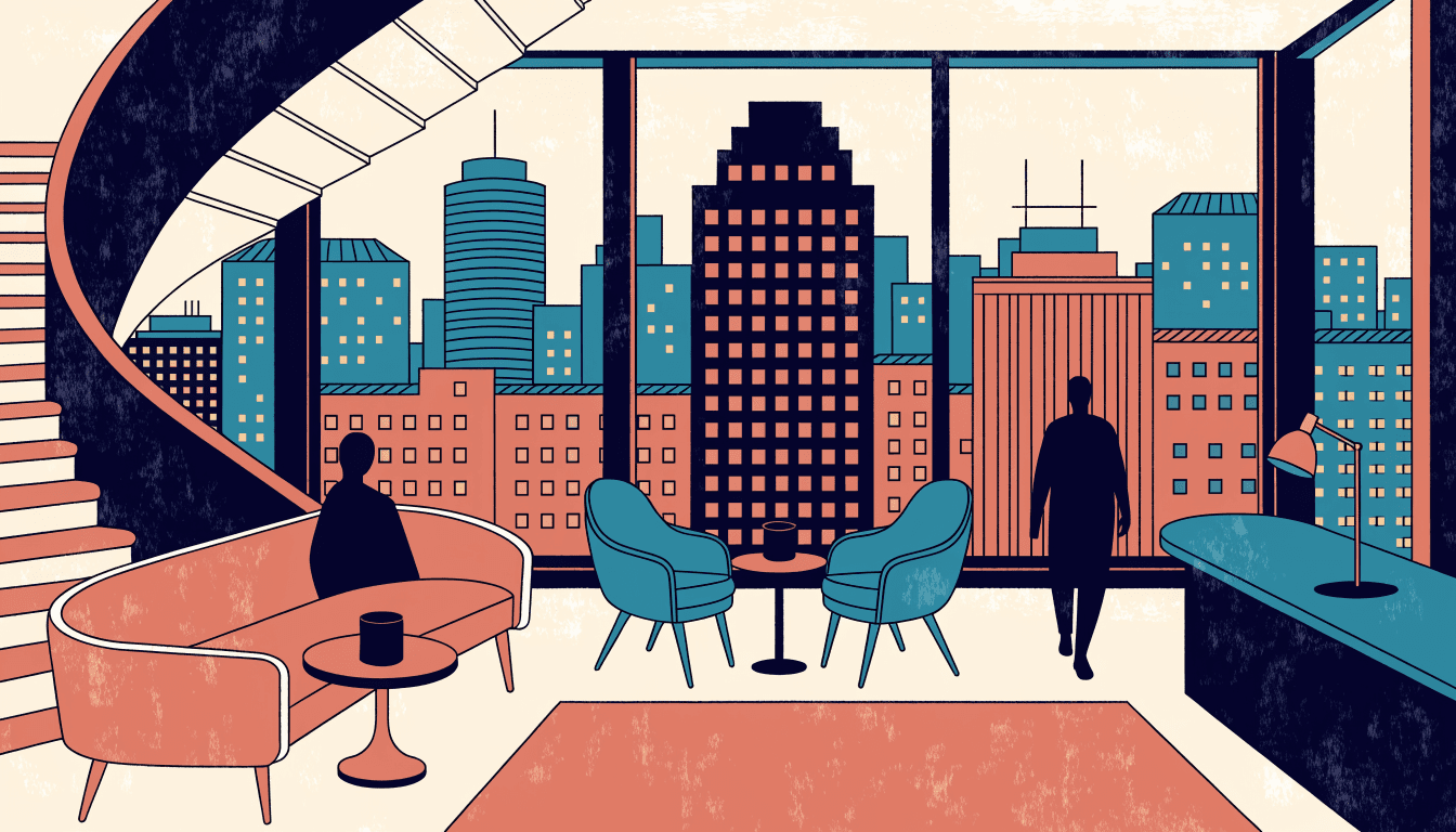 Illustration of an elegant hotel lounge overlooking the Tokyo skyline at dusk