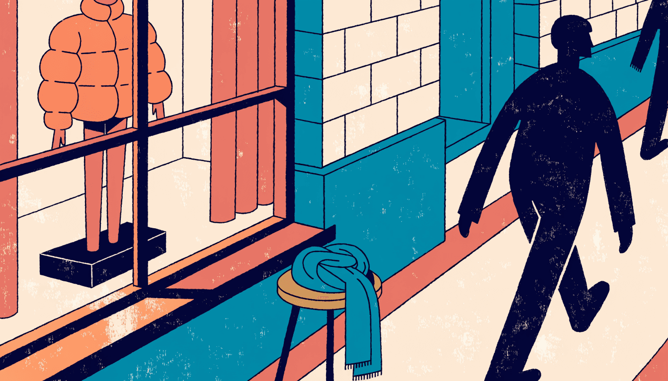 A warm illustration of a casualwear select-shop window displaying a padded orange down jacket on a mannequin, with a folded scarf on a stool outside and a silhouette figure walking past on the street.