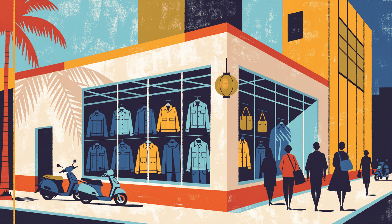 Illustration of a corner casual-wear shop at dusk in a subtropical city, denim jackets in the window, scooters at the kerb and silhouette passersby.