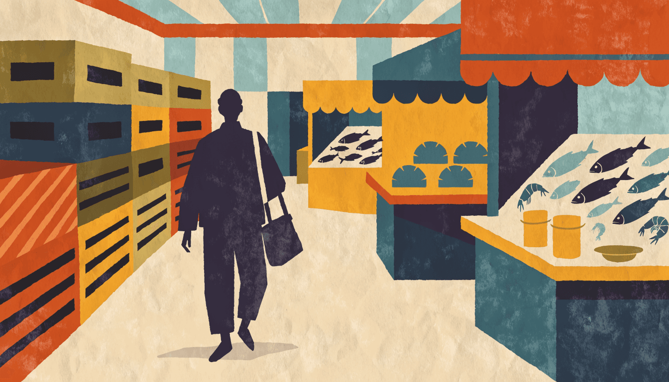 Illustration of a department-store basement food-hall aisle in Tokyo lined with wooden produce crates and simple stalls of seafood and dairy, one shopper in silhouette, in a warm editorial style.