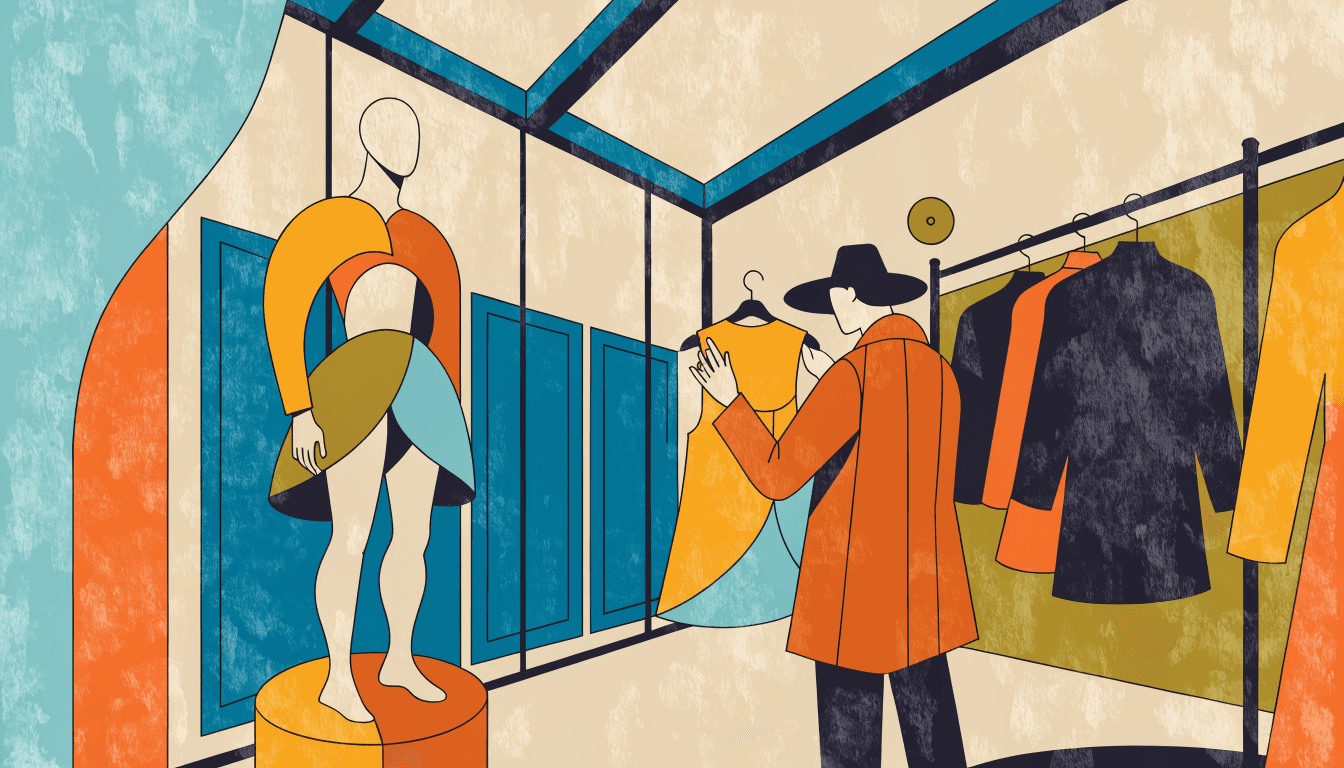 A warm editorial illustration of an intimate fashion gallery, with a faceless mannequin displaying an avant-garde silhouette on a plinth and a visitor examining a garment on a rack nearby.