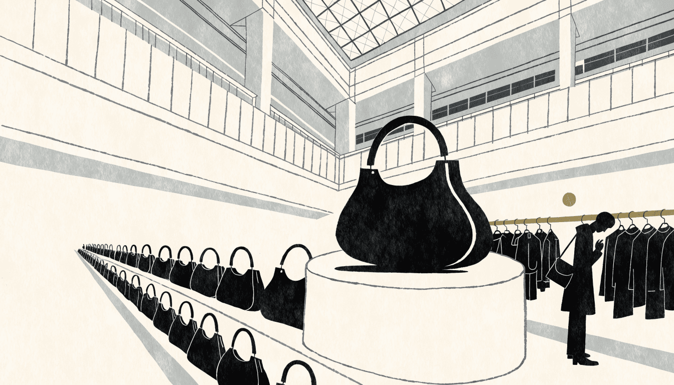A calm illustration of a contemporary boutique corner inside a Tokyo department store atrium, with a single handbag displayed on a pedestal and a silhouette shopper browsing a clothing rail.