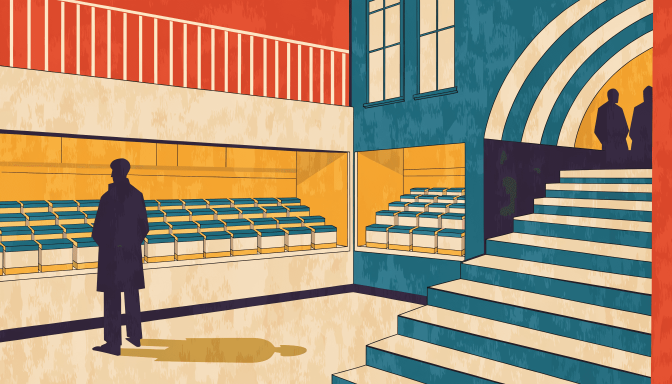Editorial illustration — An elegant basement gift-and-bakery hall in a Tokyo department store, warm golden light over neatly wrapped bread boxes on display, a shopper silhouette considering a giftwrapped selection.