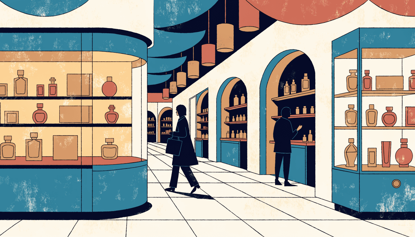 Editorial illustration of a department-store basement beauty hall with glass display cases and arched brand alcoves along a corridor.