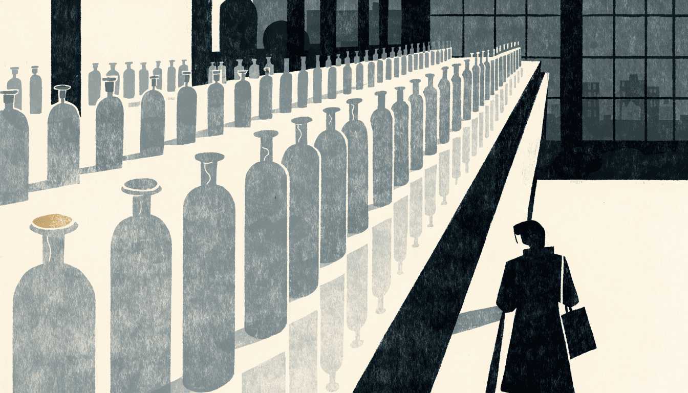 Illustration of a luxury department-store beauty counter at dusk with rows of perfume bottles catching low light, a shopper seen from behind.