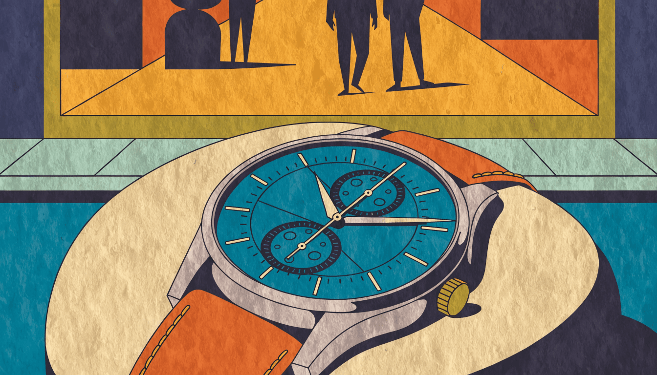 Illustration of a chronograph wristwatch with a grained dial and two sub-registers, shown at an angle against a dark background.