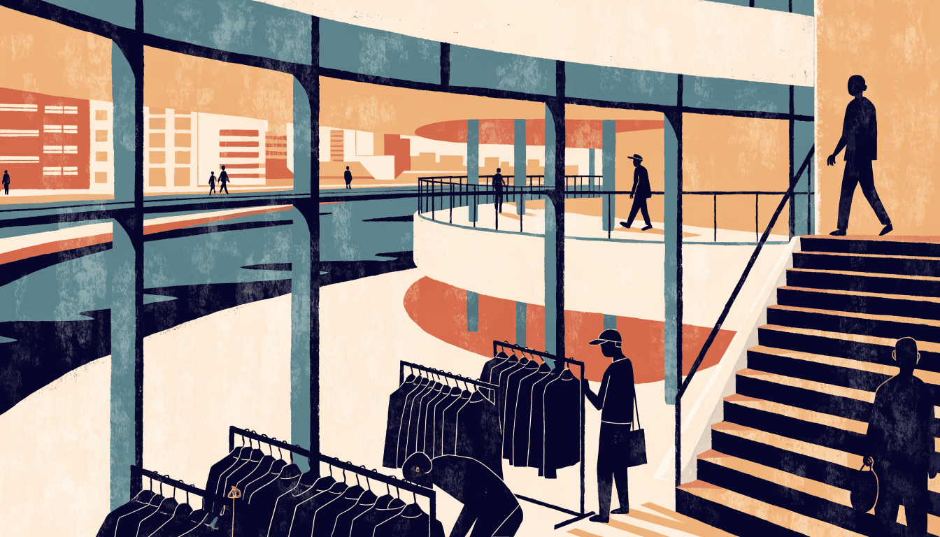 Illustration of a sunlit, multi-level apparel store with a curved walkway and staircase, evoking a riverside shopping complex.