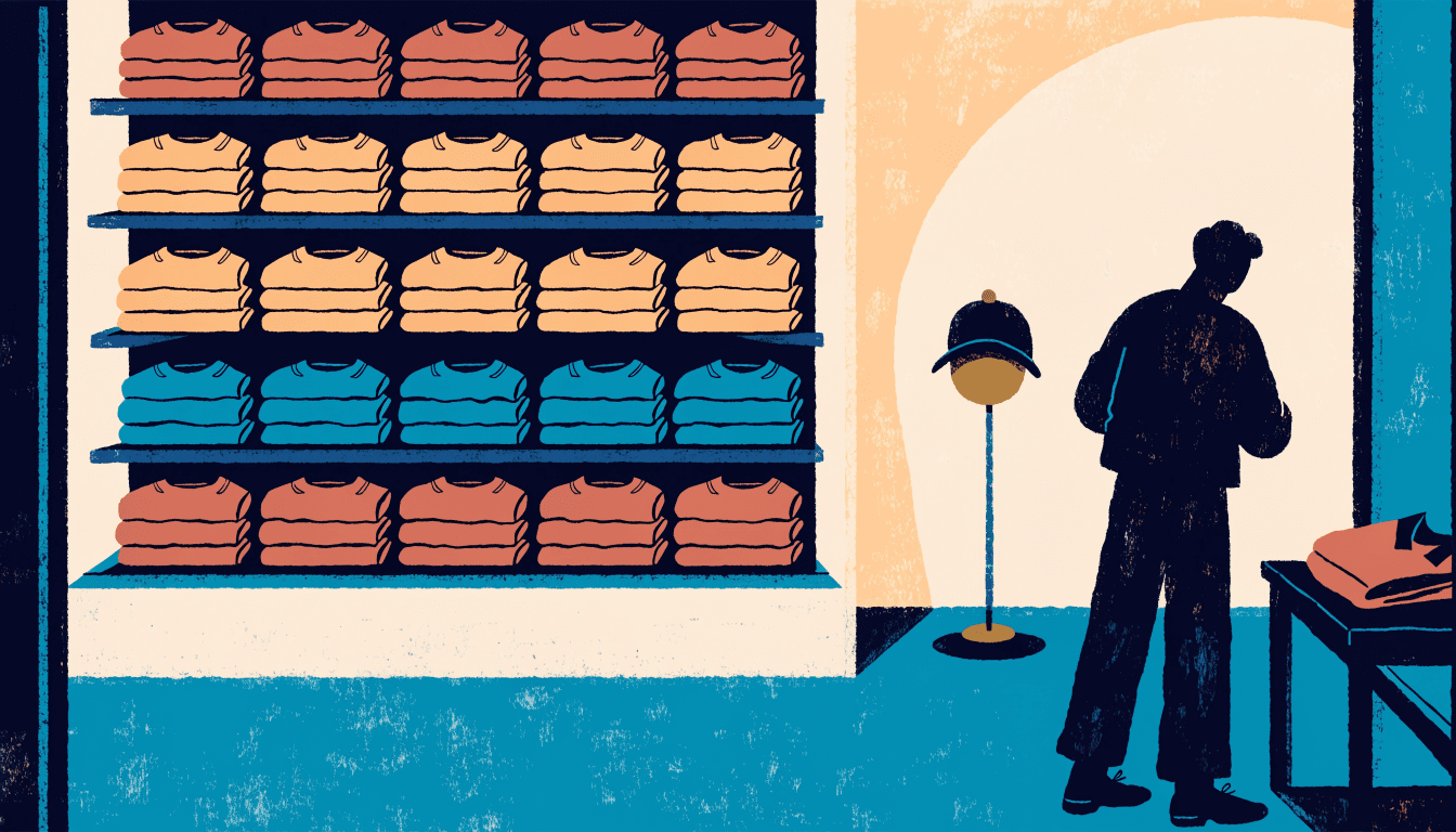 Bold editorial illustration of a sportswear shop's rugby corner, a wall of folded jerseys and a cap on a display stand under warm light, a silhouette figure examining a shirt.