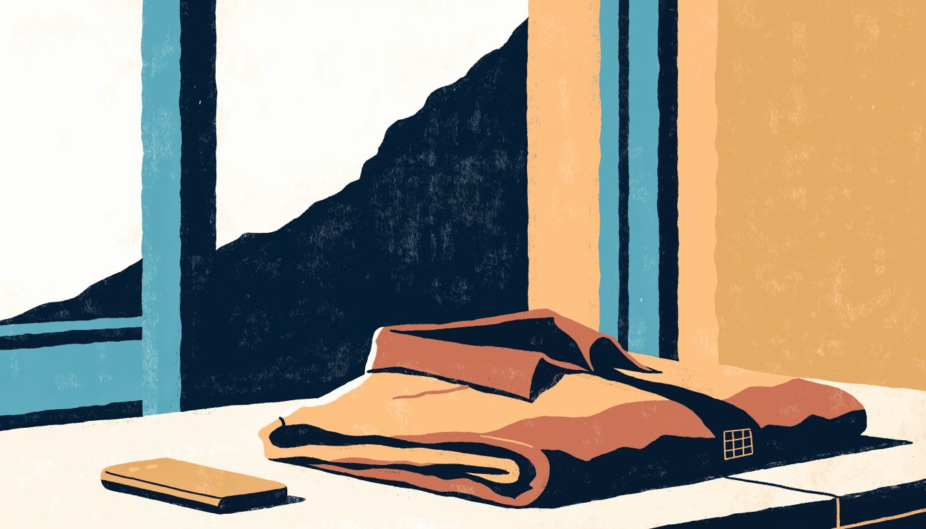 Illustration of a folded sports jersey on a pale table, a small square grid mark printed near its hem and a phone lying face down alongside, with a dark mountain ridge filling the window behind.