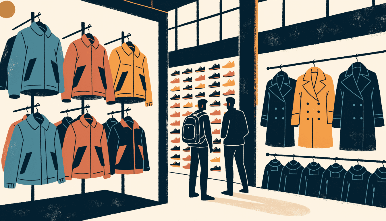 Editorial illustration of a spacious outdoor-apparel store floor inside a station mall, racks of technical jackets on one side and a marine-wear display on the other, a dedicated wall of hiking and running shoes at the back.