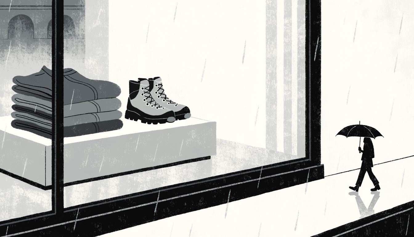 An editorial illustration of a rain-streaked outdoor-apparel shopfront window with folded jackets and hiking boots on display, a silhouette figure passing with an umbrella, near-monochrome grey and ink tones with a small brass accent, no text or logos.