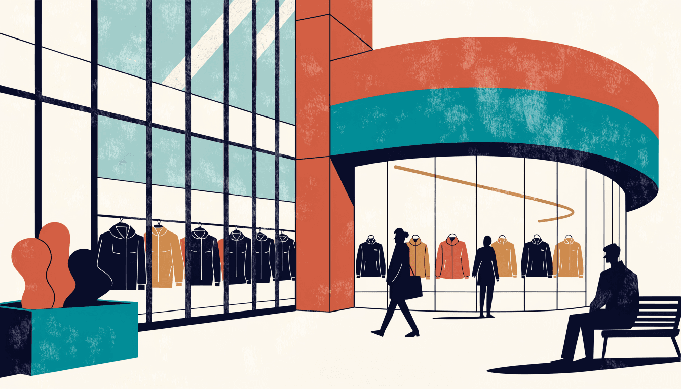 A calm illustration of a modern outdoor-apparel boutique with glass curtain walls inside a business-district shopping mall, with shoppers and a seated figure outside.