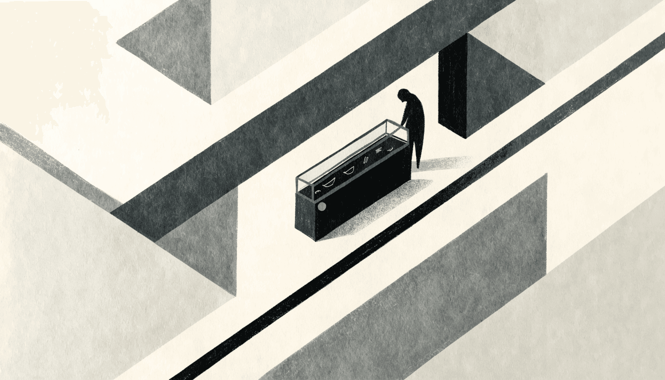 Editorial illustration of a small, dark-toned pop-up counter for a jewellery and eyewear line inside a department-store menswear floor, with a silhouette figure examining a display case, in a calm near-monochrome palette with one brass accent.