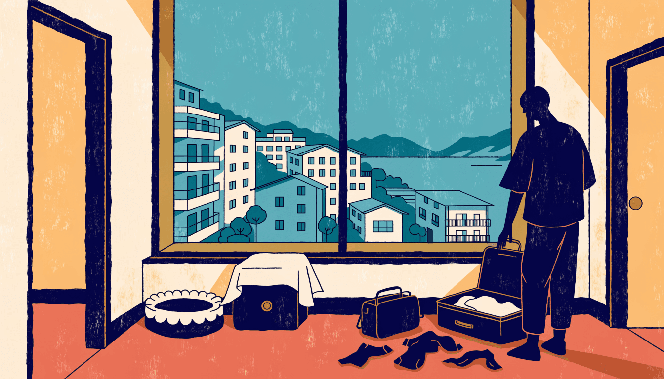 Editorial illustration of a calm hotel room with a dog bed and small crate by a window overlooking an inland sea, one silhouette figure and a dog, near-monochrome palette.